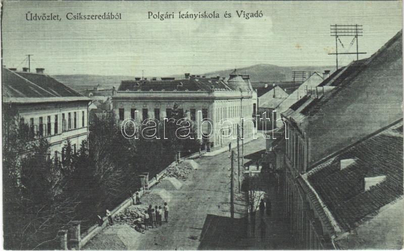 1914 Csíkszereda, Miercurea Ciuc; Polgári leányiskola és Vigadó szálloda, építkezés. Vákár L. kiadása / girls' school, hotel, construction (fl)