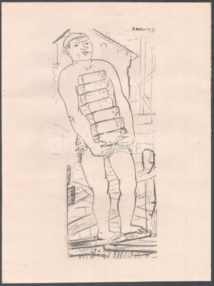 Derkovits Gyula (1894-1934): Vázlat a Téglahordóhoz, 1922. Ofszet nyomat, papír, jelzett a nyomaton. 26x11,5 cm.