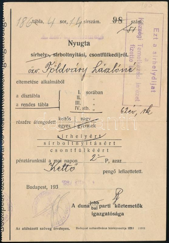 1934 Bp., Községi temetkezési intézet sírhelynyitási nyugta