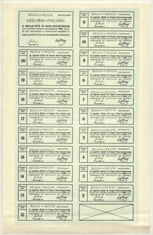Budapest 1924. 'Ingatlan-, Építő és Faipari Részvénytársaság, Budapest' 25 részvénye egyben, összesen 25.000K-ról szelvényekkel, szárazpecséttel T:II- - Image 2