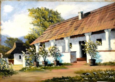 Kéthelyi István (?-?): Virágos udvar. Olaj, karton. Sérült. 35,5x50 cm.