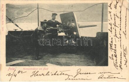 1902 Osztrák-magyar haditengerészet matrózai lőgyakorlat közben a fedélzeten, gépfegyver / K.u.k. Kriegsmarine Vormeisterfeuer am Bord / Austro-Hungarian Navy mariners' shooting practice on board, machine gun. M. Clapis Pola, 1605.