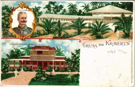 1898 (Vorläufer) Cameroon, Kamerun, Cameroun; Plantage am Kriegshafen, Gouvernements-Gebäude, v. Puttkamer / plantation, government building, Jesko von Puttkamer German colonial military chief and governor of Kamerun. Verl. u. Eigent. d.