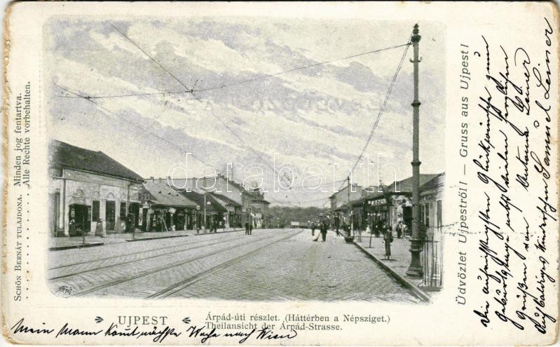 1902 Budapest IV. Újpest, Árpád út háttérben a Népszigettel, villamossínek. Schön Bernát tulajdona (kopott él / worn edge)