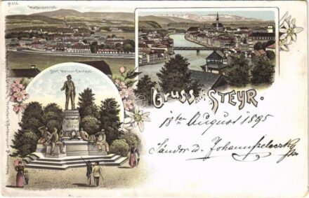 1895 (Vorläufer) Steyr, Waffenfabrik, Josef Werndl Denkmal / statue, military arms factory. H. Nachbargauer Art Nouveau, floral, litho