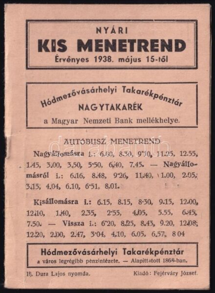 1939 Hódmezővásárhely autóbusz menetrend táblázat reklámokkal 8p.