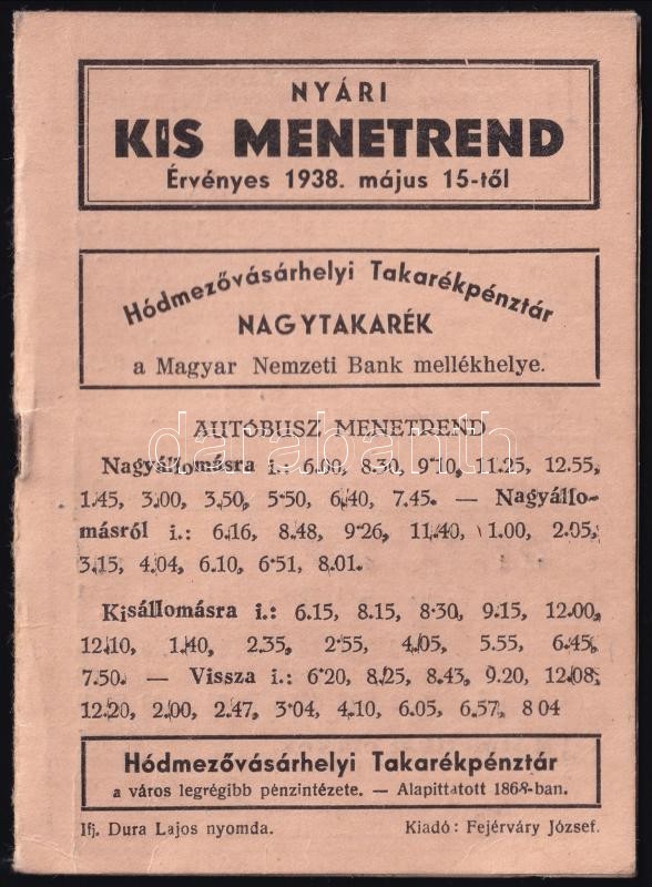 1939 Hódmezővásárhely autóbusz menetrend táblázat reklámokkal 8p.