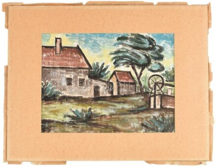 Bortnyik Sándor (1893 - 1976): Ház fával és kerekes kúttal. Monotípia (vegyes technika), papír. 23x31cm. Keret nélkül. Jelzett.