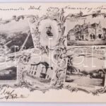 1900 Berndorf an der Triesting, Kirche, Schwimmbad, Metallwarenfabrik, Lese-Halle, Arbeiterhäuser, Kaiser Franz Josef Theater, Speisehalle, Schule, Hermannsplatz, Alexandergasse, Haushaltungsschule. 3-tiled folding postcard, Art Nouveau, floral