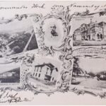 1900 Berndorf an der Triesting, Kirche, Schwimmbad, Metallwarenfabrik, Lese-Halle, Arbeiterhäuser, Kaiser Franz Josef Theater, Speisehalle, Schule, Hermannsplatz, Alexandergasse, Haushaltungsschule. 3-tiled folding postcard, Art Nouveau, floral - Image 3