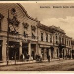 Keszthely, Kossuth Lajos utca, Kupitskó Gábor hentes és mészáros, drogéria, Groy Ferenc és Hangya üzlete (lyukak / pinholes)
