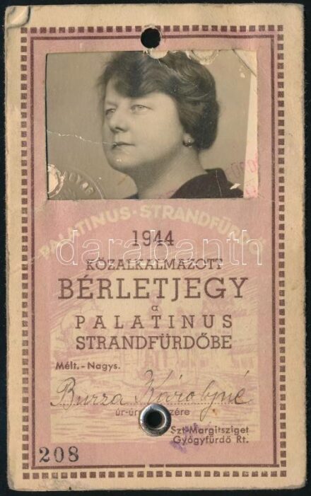 1944 Palatinus strandfürdő fényképes belépőjegy dolgozóknak