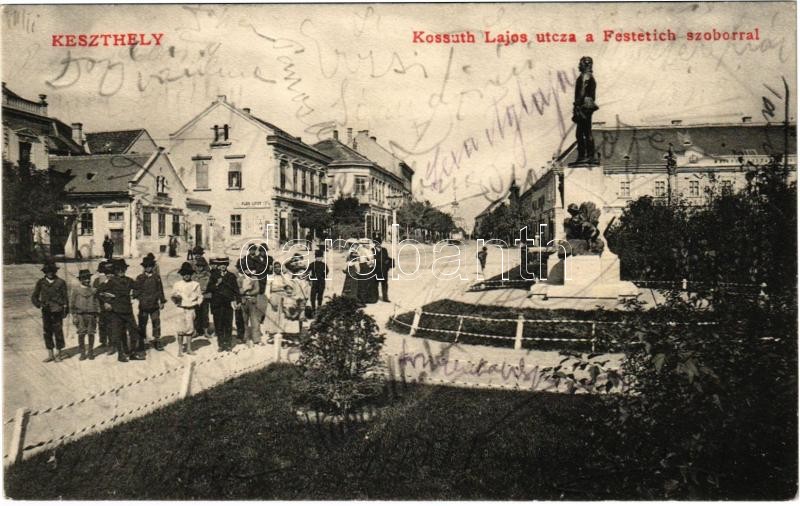 1905 Keszthely, Kossuth Lajos utca, Festetich szobor, Pler Lipót üzlete