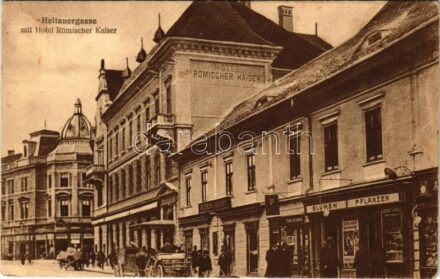 1918 Nagyszeben, Hermannstadt, Sibiu; Disznódi utca, Római császár szálloda, Blumen Pflanzen, Karl Engber, Friedrich Baumann üzlete / Heltauergasse, Hotel Römischer Kaiser / street, shops, hotel (EK)