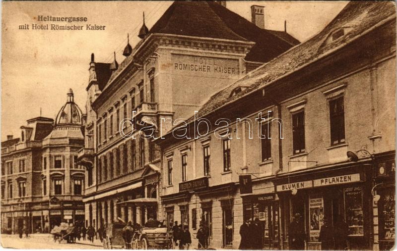 1918 Nagyszeben, Hermannstadt, Sibiu; Disznódi utca, Római császár szálloda, Blumen Pflanzen, Karl Engber, Friedrich Baumann üzlete / Heltauergasse, Hotel Römischer Kaiser / street, shops, hotel (EK)