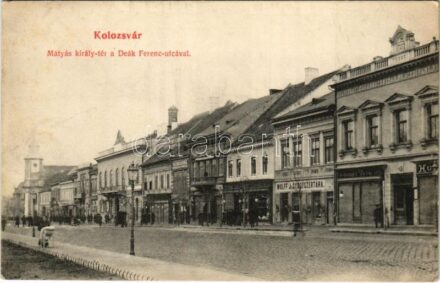 Kolozsvár, Cluj; Mátyás király tér, Deák Ferenc utca, Takarékpénztár és hitelbank rt., Daniel Antal, Kontz Sándor üzlete, Wolff J. gyógyszertára / square, street, shops, pharmacy