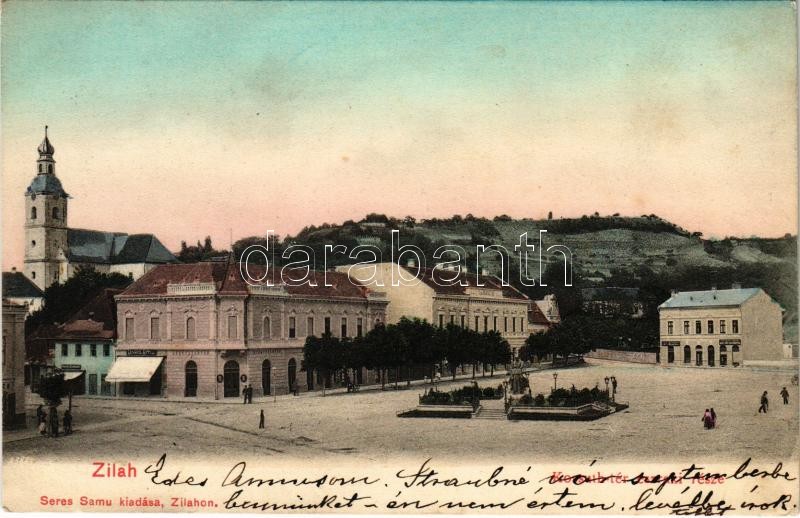 1906 Zilah, Zalau; Kossuth tér északi része, Lengyel Antal üzlete, gyógyszertár, bor és sör nagyáruda / square, shops, pharmacy, beer and wine hall