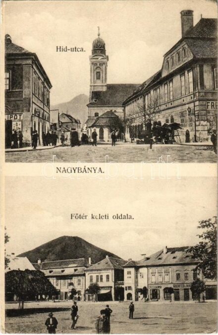 Nagybánya, Baia Mare; Híd utca, Fő tér keleti oldala, Singer Jakab bor raktára, Herskovits J. és T., Kindris, Rosenfeld és Platthy Dezső üzlete / street, main square, shops