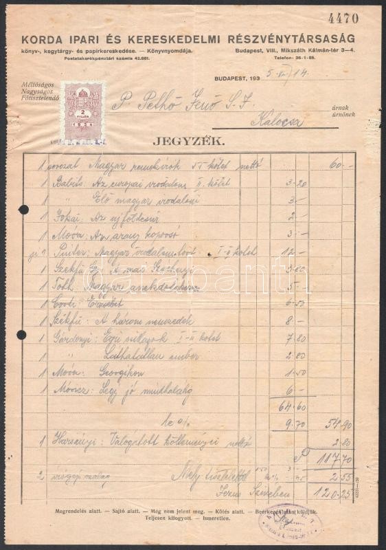 cca 1900-1940 6 db fejléces számla (Ulrich B J, Első Magyar Betűöntöde, Engel Károly stb.), mind Kalocsára címezve - Image 3