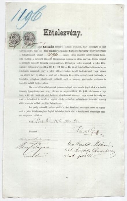 Budapest 1876. 'Első Magyar Általános Biztosító-Társaság' kötelezvénye, vízjeles papíron okmánybélyegekkel T:III szép papír / Hungary / Budapest 1876. 'First Hungarian General Insurance Company' obligation, on watermarked paper, with