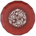 Japán nagyméretű lakk tálca gyöngyház berakással, kopott, apró lakk lepattanások. d: 35cm, m: 7cm - Image 2
