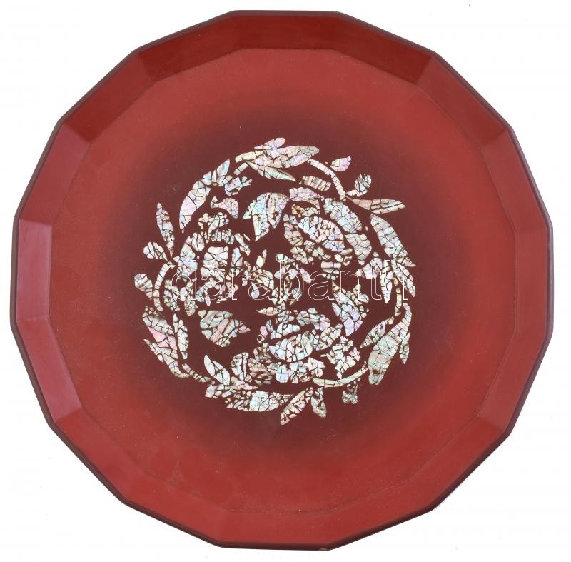 Japán nagyméretű lakk tálca gyöngyház berakással, kopott, apró lakk lepattanások. d: 35cm, m: 7cm - Image 2