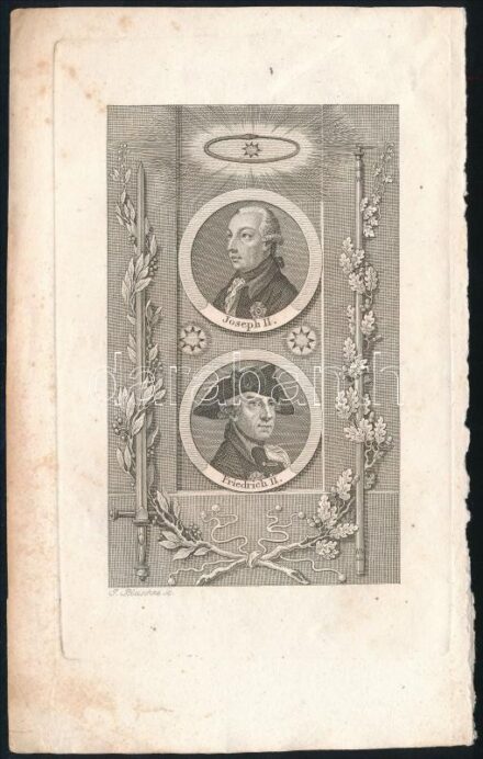 Blaschke János (1770-1833): II. József magyar király és II. Frigyes porosz király portréja. Rézmetszet, papír, jelzett a metszeten, kissé foltos, lap széle kissé sérült, 11,5×7 cm