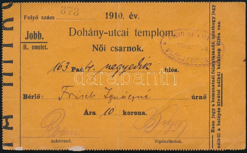 1910 Belépőjegy a Dohány utcai templom női csarnokába