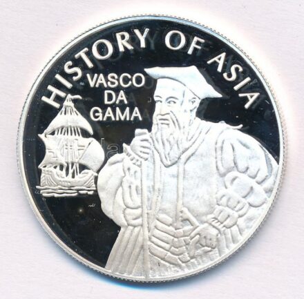 Cook-szigetek 2004. 1$ ezüstözött sárgaréz 'Ázsia történelme - Vasco da Gama' kapszulában, tanúsítvánnyal T:PP kis patina Cook Islands 2004. 1 Dollar silver plated brass 'History of Asia - Vasco da Gama' in capsule with certificate