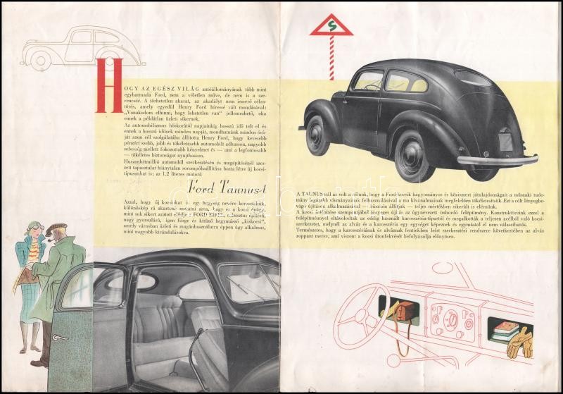 cca 1940 Ford Taunus prospektus, magyar nyelven, illusztrációkkal, Bp., Révai, kihajtható, egészen apró szakadással. - Image 2