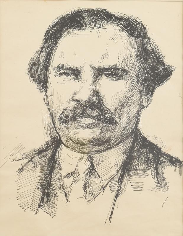 Miklóssy Gábor (1912-1998): Móricz Zsigmond portréja. Tus, papír, jelzés nélkül. Reprodukálva: Sümegi György: Miklóssy Gábor. Kolozsvár, 2009. Kriterion, 32. o. Üvegezett fakeretben. 26,5x19 cm. A tételhez tartozik a szerző,