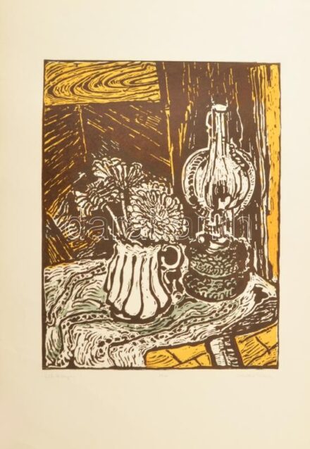 Somlai Vilma (1938-2007): Kék lámpa. Színes linómetszet, papír, jelzett, hátoldalán Rézkarcoló Művészek Alkotóközössége pecsétjével, sérülésekkel, 39×30 cm