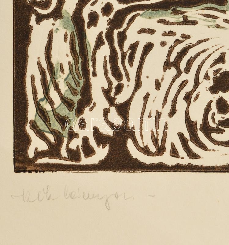Somlai Vilma (1938-2007): Kék lámpa. Színes linómetszet, papír, jelzett, hátoldalán Rézkarcoló Művészek Alkotóközössége pecsétjével, sérülésekkel, 39×30 cm - Image 2