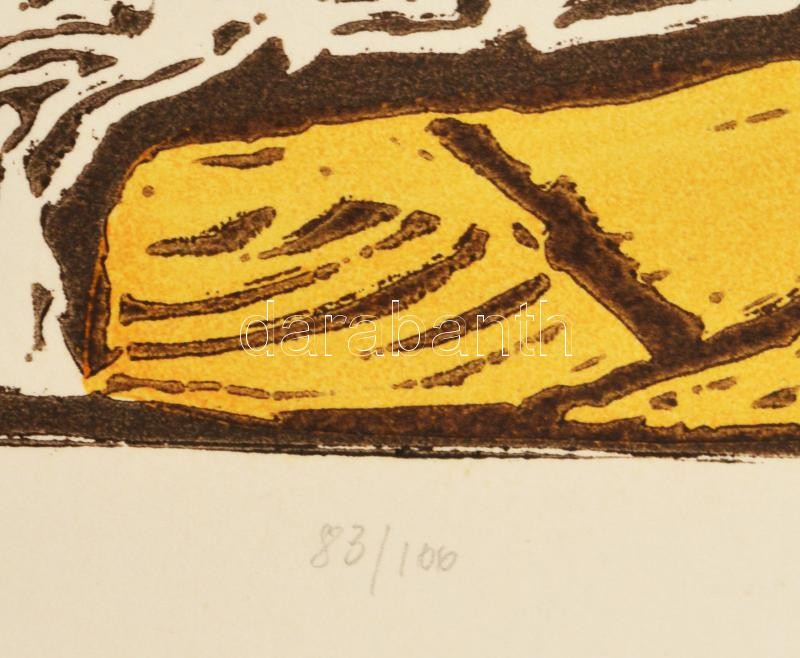 Somlai Vilma (1938-2007): Kék lámpa. Színes linómetszet, papír, jelzett, hátoldalán Rézkarcoló Művészek Alkotóközössége pecsétjével, sérülésekkel, 39×30 cm - Image 3