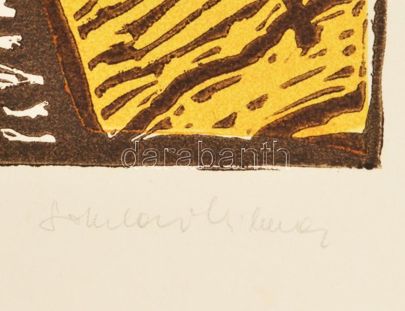 Somlai Vilma (1938-2007): Kék lámpa. Színes linómetszet, papír, jelzett, hátoldalán Rézkarcoló Művészek Alkotóközössége pecsétjével, sérülésekkel, 39×30 cm - Image 4