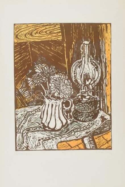 Somlai Vilma (1938-2007): Kék lámpa. Színes linómetszet, papír, jelzett, hátoldalán Rézkarcoló Művészek Alkotóközössége pecsétjével, sérülésekkel, 39×30 cm