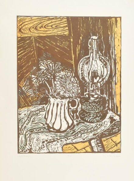 Somlai Vilma (1938-2007): Kék lámpa. Színes linómetszet, papír, jelzett, hátoldalán Rézkarcoló Művészek Alkotóközössége pecsétjével, sérülésekkel, 39×30 cm