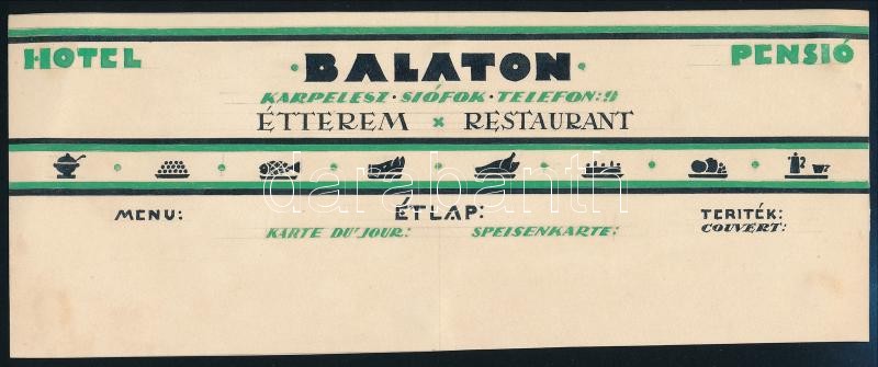 Hotel Balaton Pensió, Karpelesz Siófok, art deco étlapterv, 1930 körül. Tempera, ceruza, karton. Jelzés nélkül. 9x23 cm