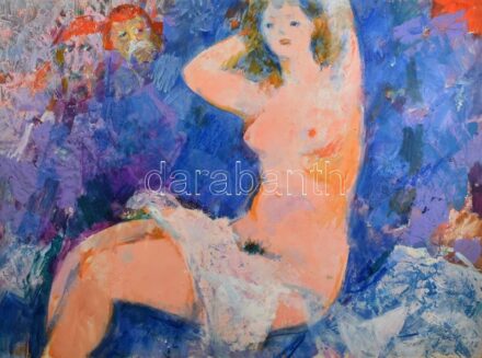 Gulyás Dénes (1927-2003): Zsuzsanna és a vének. Olaj, farost, jelezve jobbra lent. Bal alsó sarkában apró hiánnyal. 60x80 cm