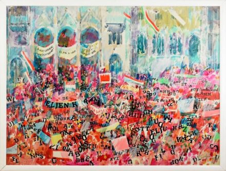 Gulyás Dénes (1927-2003): Ünneplő tömeg a budapesti Parlament előtt. Akril, farost, jelezve jobbra lent. Fakeretben. 60x80 cm