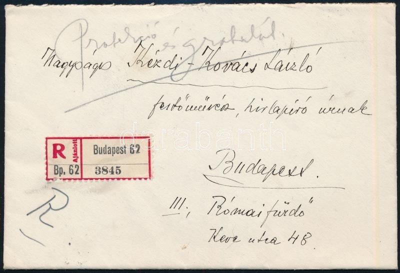 1930.III.10 Mészáros Lajosné szül. Kisfaludy Mária (1887-?) gratuláló levele Kézdi-Kovács László (1864-1942) festőművészhez, műkritikushoz, négy évtizedes művészi munkájának jubileuma alkalmából és a levelében arra kéri