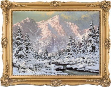 Neogrády László (1896-1962): Tátrai havas táj. Olaj, vászon, jelzett. Dekoratív, kissé sérült fa keretben. 60×80 cm / László Neogrády (1896-1962): Snowy landscape in the Tatra (Tatry). Oil on canvas, signed. Framed. 60x80 cm