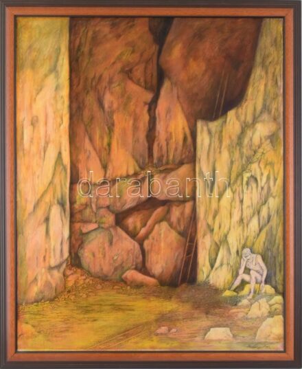 Muzsnay Ákos (1945-): Kőfejtő, 1993. Olaj, ceruza, vászon. Jelezve jobbra lent. Hátoldalán autográf felirattal. Fa keretben. 80×65 cm / oil and pencil on canvas, signed lower right, with autograph description on the reverse