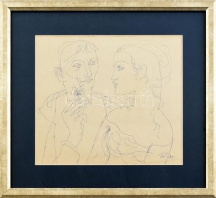 Szász Endre (1926-2003): Szerelmespár. Golyóstoll, papír. Jelezve jobbra lent. Üvegezett fakeretben. 19×21 cm.