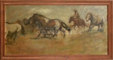 Fried Pál (1893-1976): Vágtató ménes cowboyyal. Pasztell, papír. Jelzett 40x79,5 cm. Proveniencia: Korábban Szakál Géza (1883-1959) fényképész, fotóművész tulajdonában. Üvegezett fakeretben. / Pál Fried (1893-1955): Cowboy with