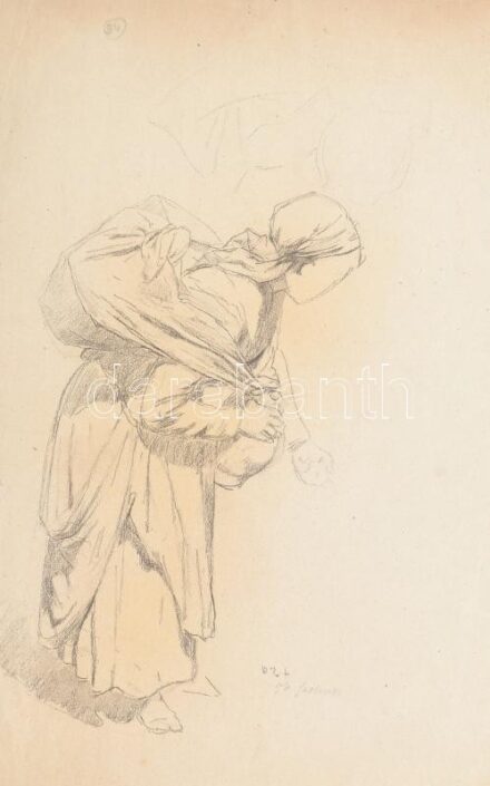 Deák Ébner Lajos (1850-1934): Batyut vivő. Ceruza, papír. Jelzett. Proveniencia: Kézdi-Kovács László (1864-1942) festőművész és műkritikus gyűjteményéből. Lap széle sérült. 44x31 cm