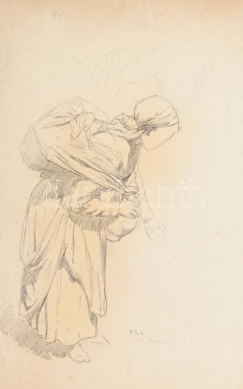 Deák Ébner Lajos (1850-1934): Batyut vivő. Ceruza, papír. Jelzett. Proveniencia: Kézdi-Kovács László (1864-1942) festőművész és műkritikus gyűjteményéből. Lap széle sérült. 44x31 cm