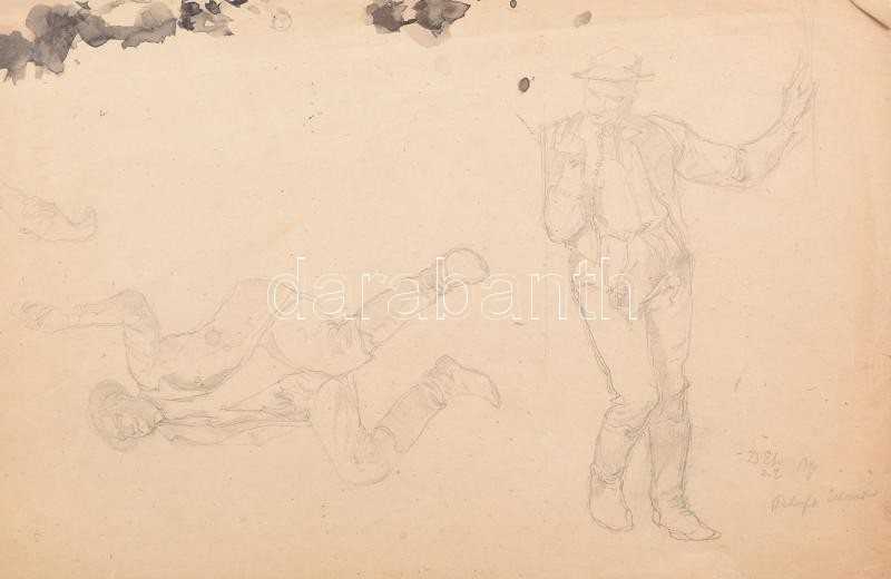 Deák Ébner Lajos (1850-1934): Legények (tanulmányrajz). Ceruza, papír. Jelzett. Proveniencia: Kézdi-Kovács László (1864-1942) festőművész és műkritikus gyűjteményéből. Lap széle kissé sérült. 31,5x45 cm