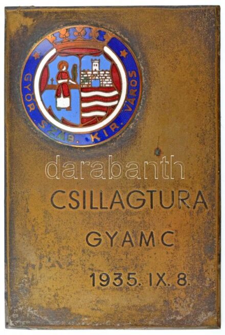 1935. 'Csillagtúra GYAMC (Győri Automobil és Motor Club) - 1935. IX. 8.' részben zománcozott bronz díjplakett (75x50mm) T:2 / Hungary 1935. 'Star tour GYAMC (Győr Automobil and Motor Club) - 8.09.1935' partially enamelled bronze award plaque