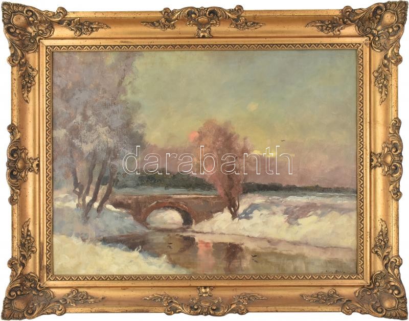 Pádly Aladár (1881-1949): Vízparti fények. Olaj, vászon, jelezve jobbra lent. Apró restaurálással. Dekoratív fakeretben. 60×80 cm / oil on canvas, signed lower right, with small restoration. Framed.